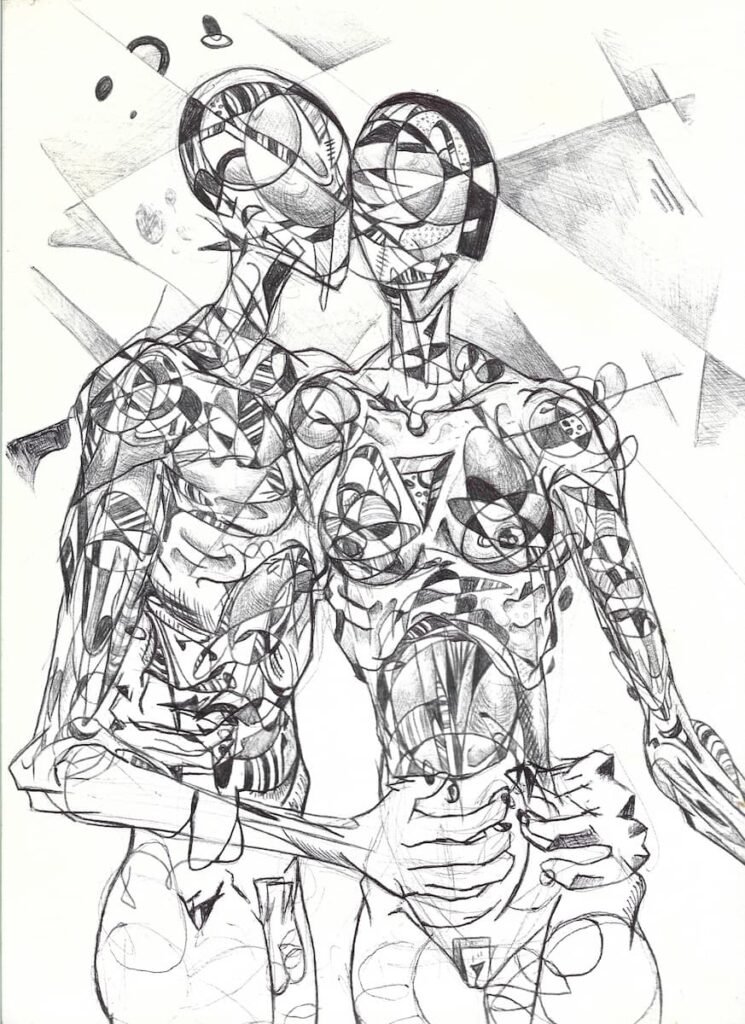 Boceto número 15 en estilo realismo abstracto de una pareja humana, por Ricardo Durán